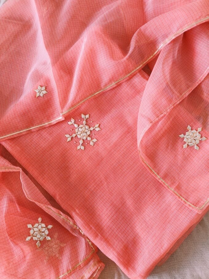 Hand Gota Embroidered Pure Cotton Kota by Kota Unstitched Salwar Suit (Peach)