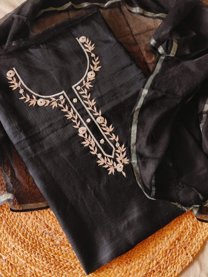 Handworked Gota Zardozi Pure Cotton Kota Unstitched Salwar Suit (Black)
