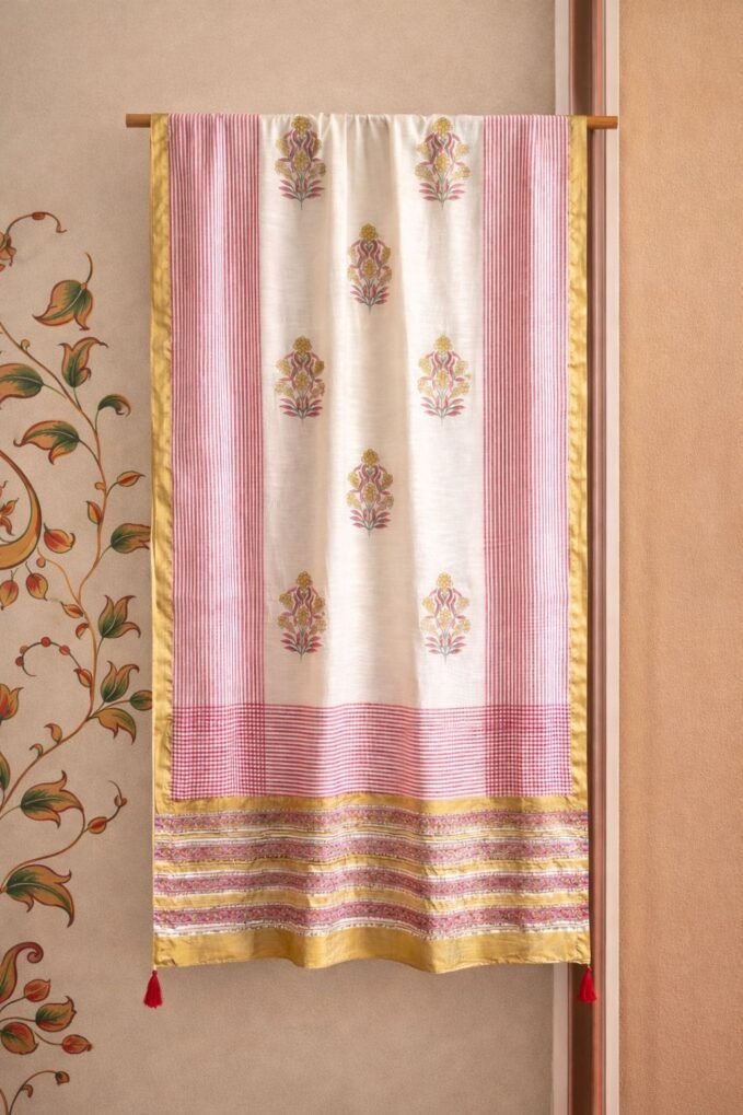 Hand-Blocked Pure Chanderi Silk Dupatta with Tassels B