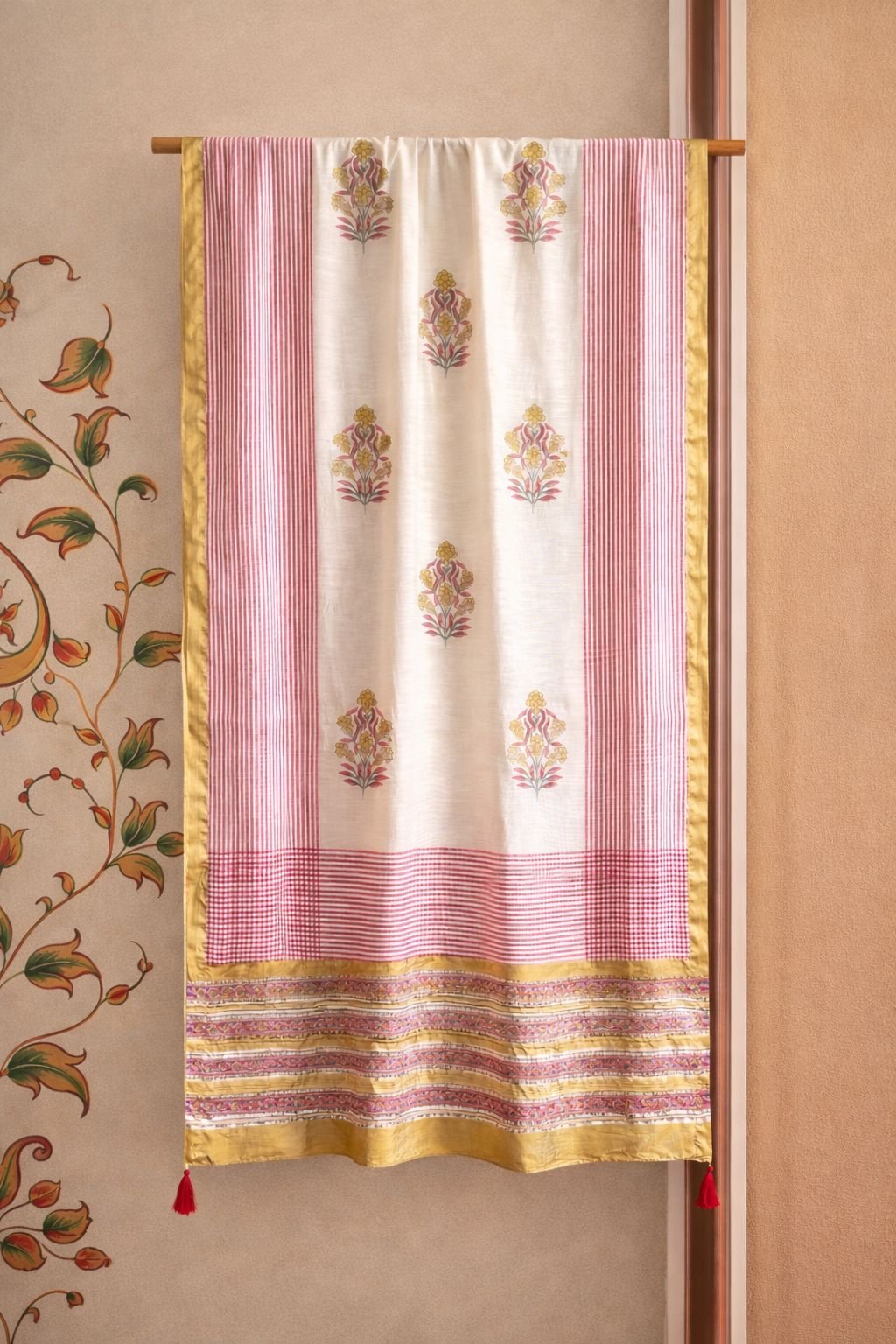 Hand-Blocked Pure Chanderi Silk Dupatta with Tassels B
