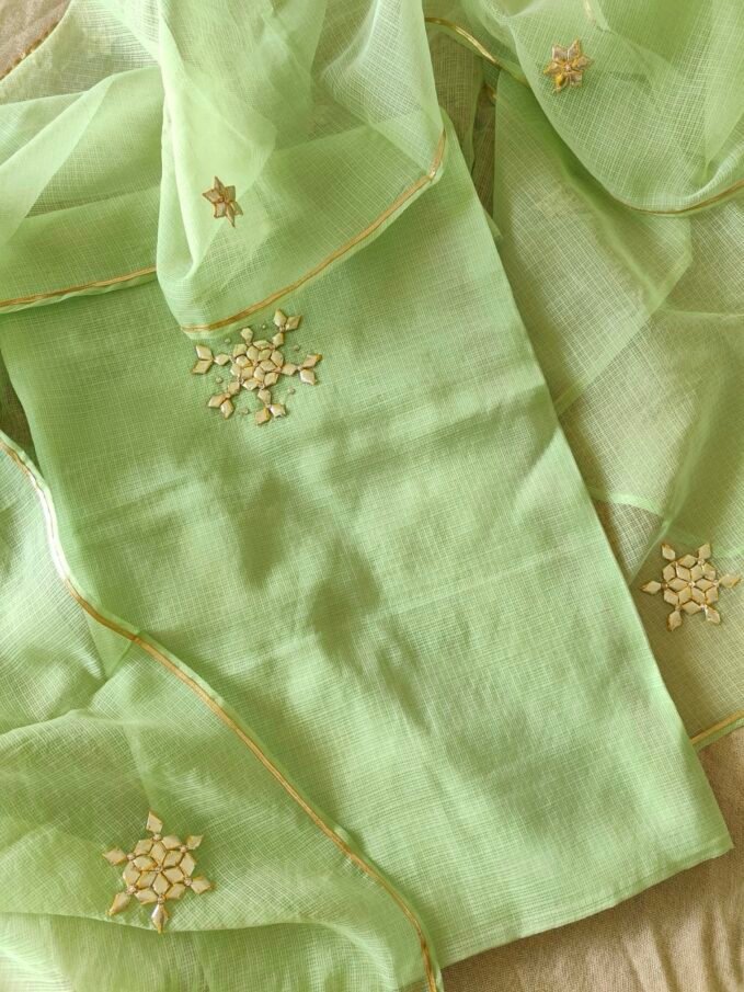 Hand Gota Embroidered Pure Cotton Kota by Kota Unstitched Salwar Suit (Pastel Green)