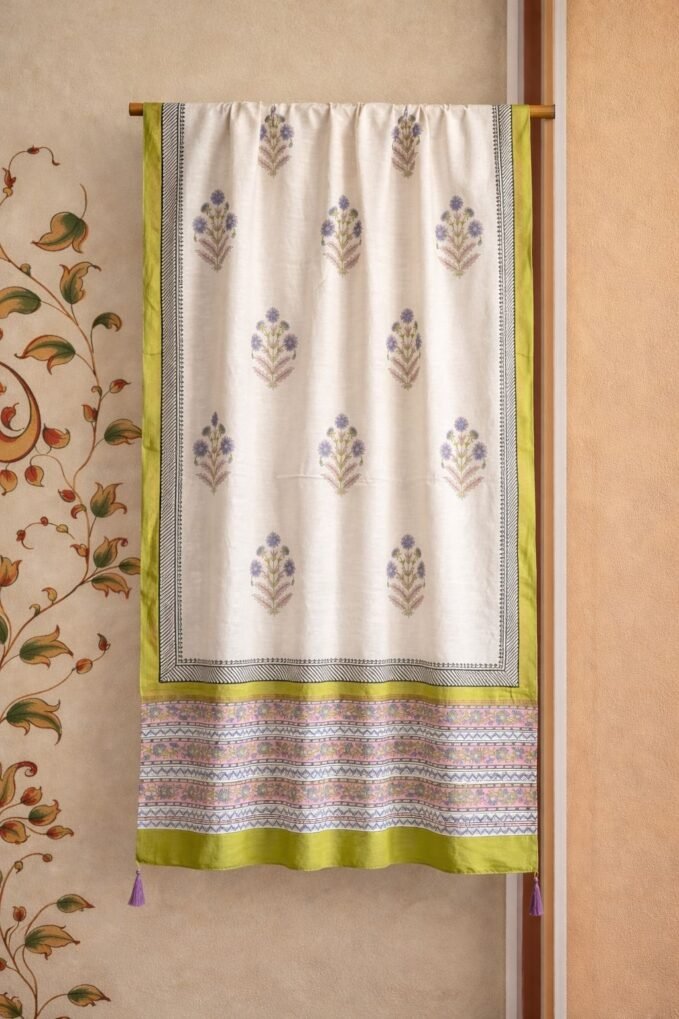 Hand-Blocked Pure Chanderi Silk Dupatta with Tassels A