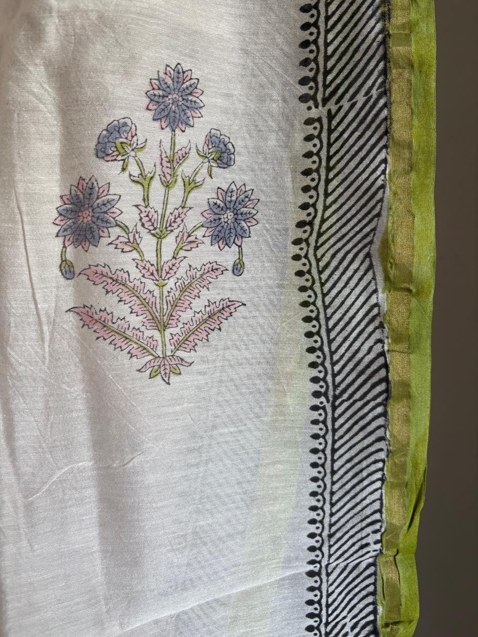 Hand-Blocked Pure Chanderi Silk Dupatta with Tassels A - Image 2