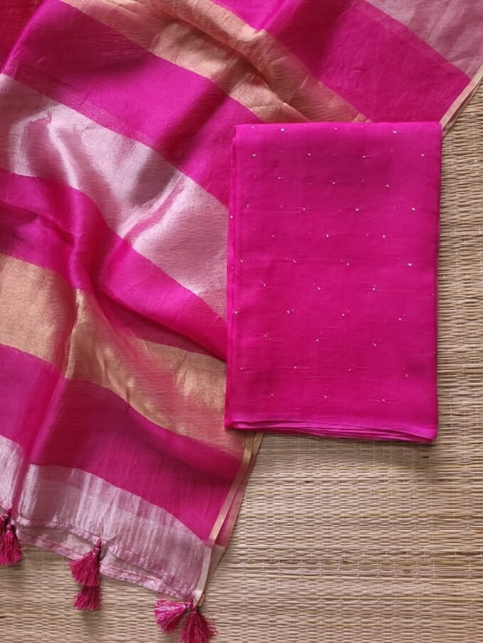 Mukaish embellished Pure Organza Kora Silk Unstitched Salwar Suit (B)