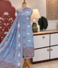Hand Highlighted Pichwai Mul Cotton Unstitched Salwar Suit by Ikhtirah (Pastel Blue)