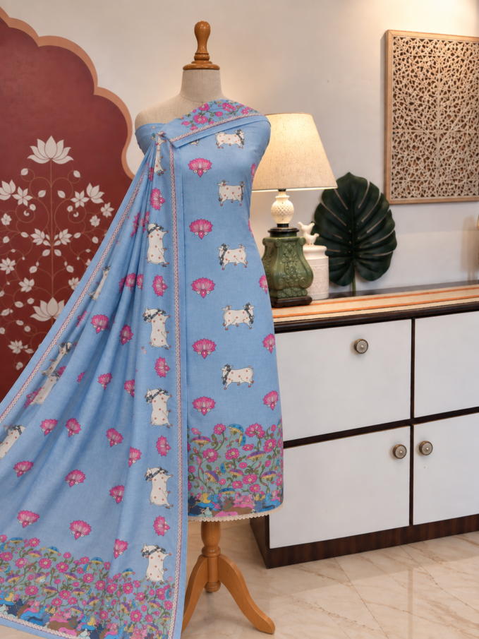 Hand Highlighted Pichwai Mul Cotton Unstitched Salwar Suit by Ikhtirah (Pastel Blue)