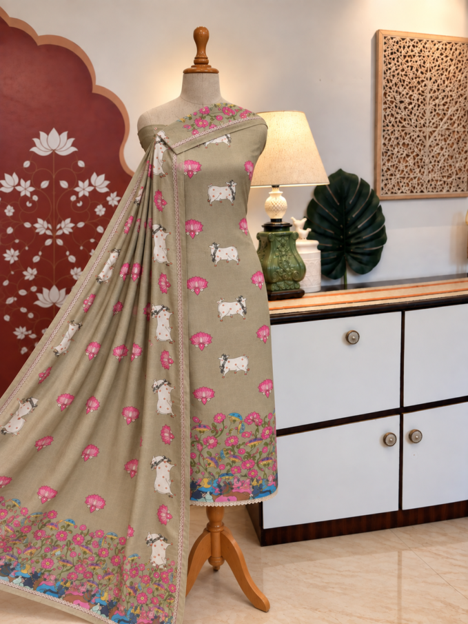 Hand Highlighted Pichwai Mul Cotton Unstitched Salwar Suit by Ikhtirah (Pastel Brown)