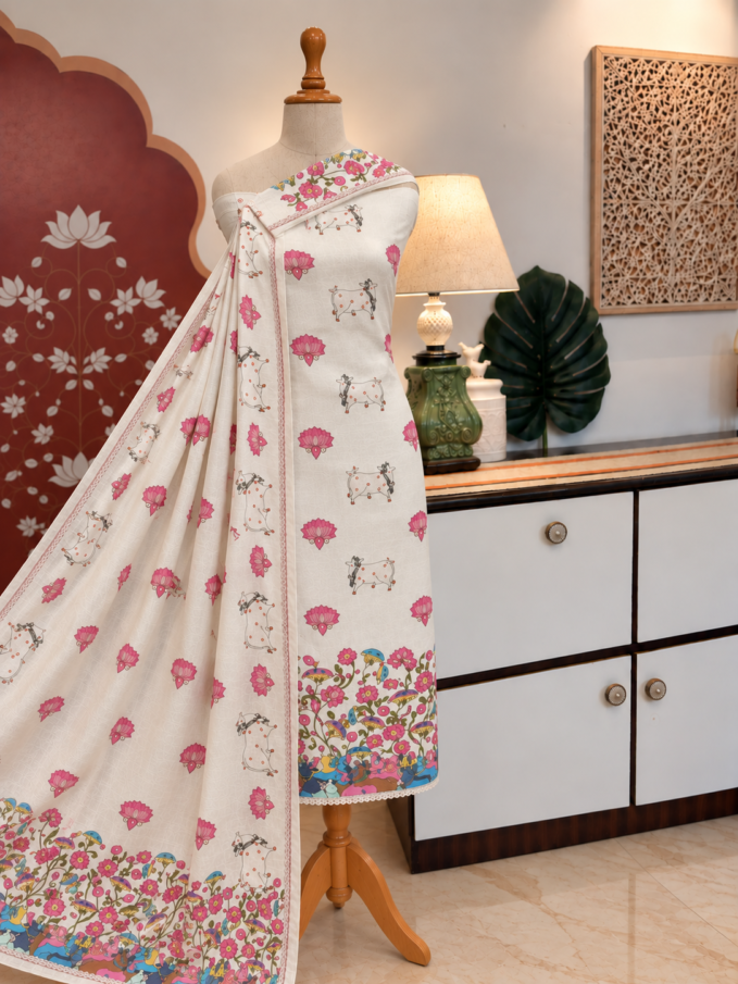 Hand Highlighted Pichwai Mul Cotton Unstitched Salwar Suit by Ikhtirah (White)