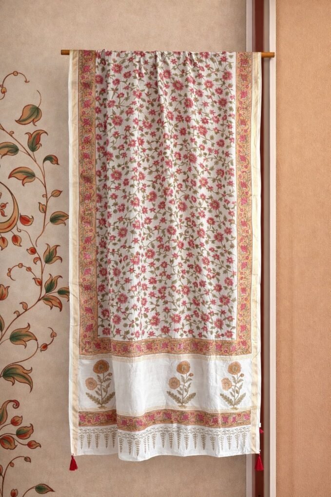 Hand-Blocked Pure Chanderi Silk Dupatta with Tassels E