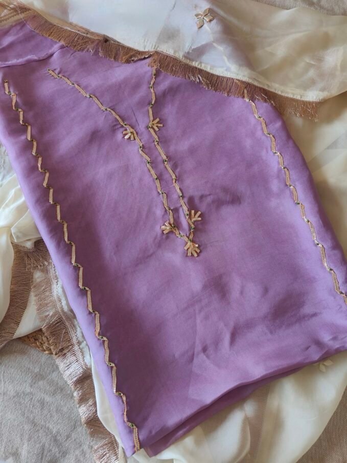 Hand Sikiya Katcha Gota Worked  Pure Upada Silk Unstitched Choga Styled Salwar Suit (Light Lavender)