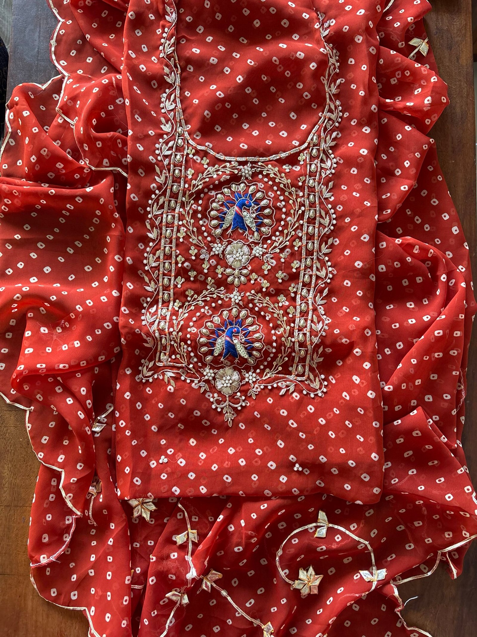 Gorgette with Hand Embroidered Unstitched Salwar Suit (Rust) - Image 2