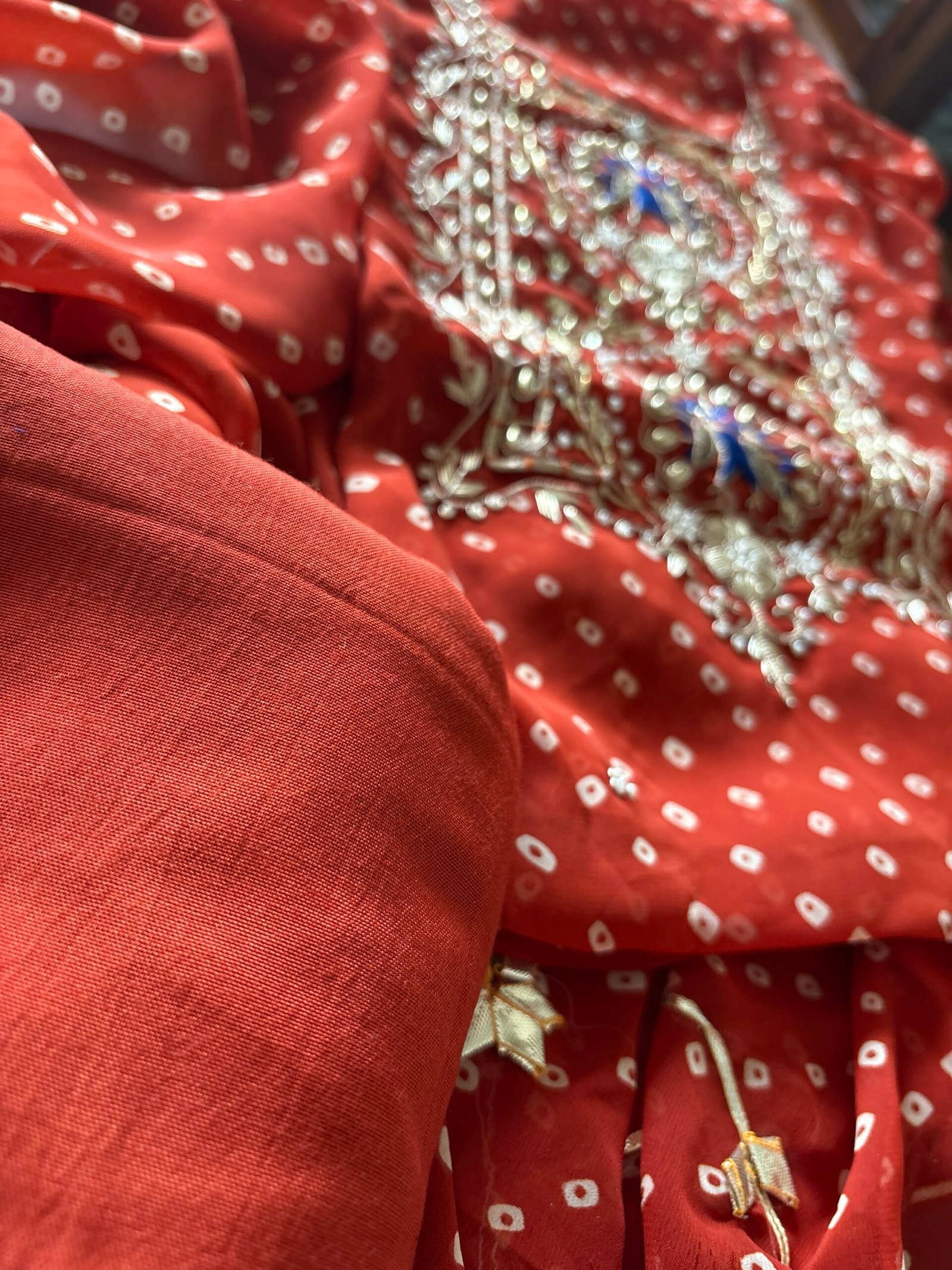 Gorgette with Hand Embroidered Unstitched Salwar Suit (Rust) - Image 7