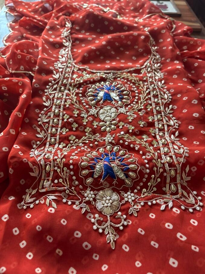 Gorgette with Hand Embroidered Unstitched Salwar Suit (Rust)