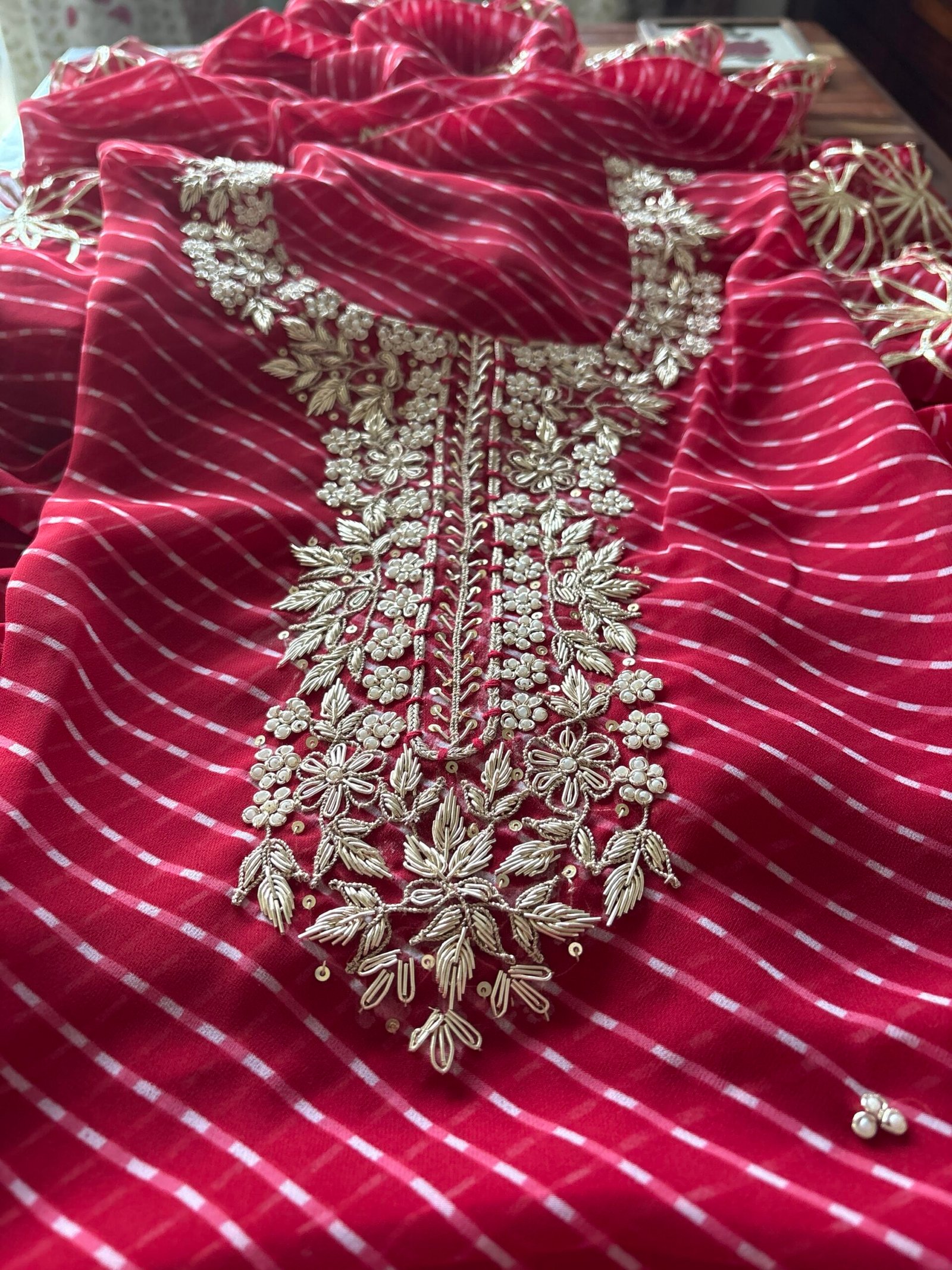 Gorgette with Hand Embroidered Unstitched Salwar Suit - Image 2