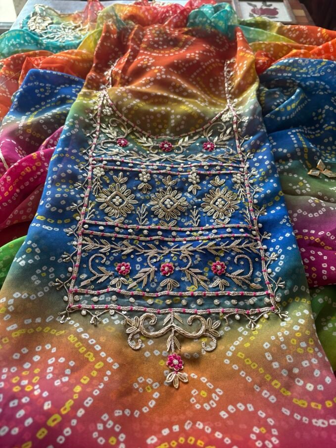 Gorgette with Hand Embroidered Unstitched Salwar Suit (Multicoloured)