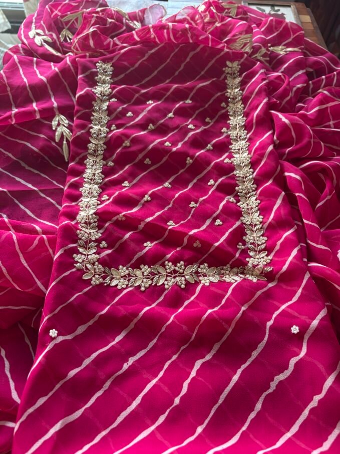 Gorgette with Hand Embroidered Unstitched Salwar Suit (Pink)