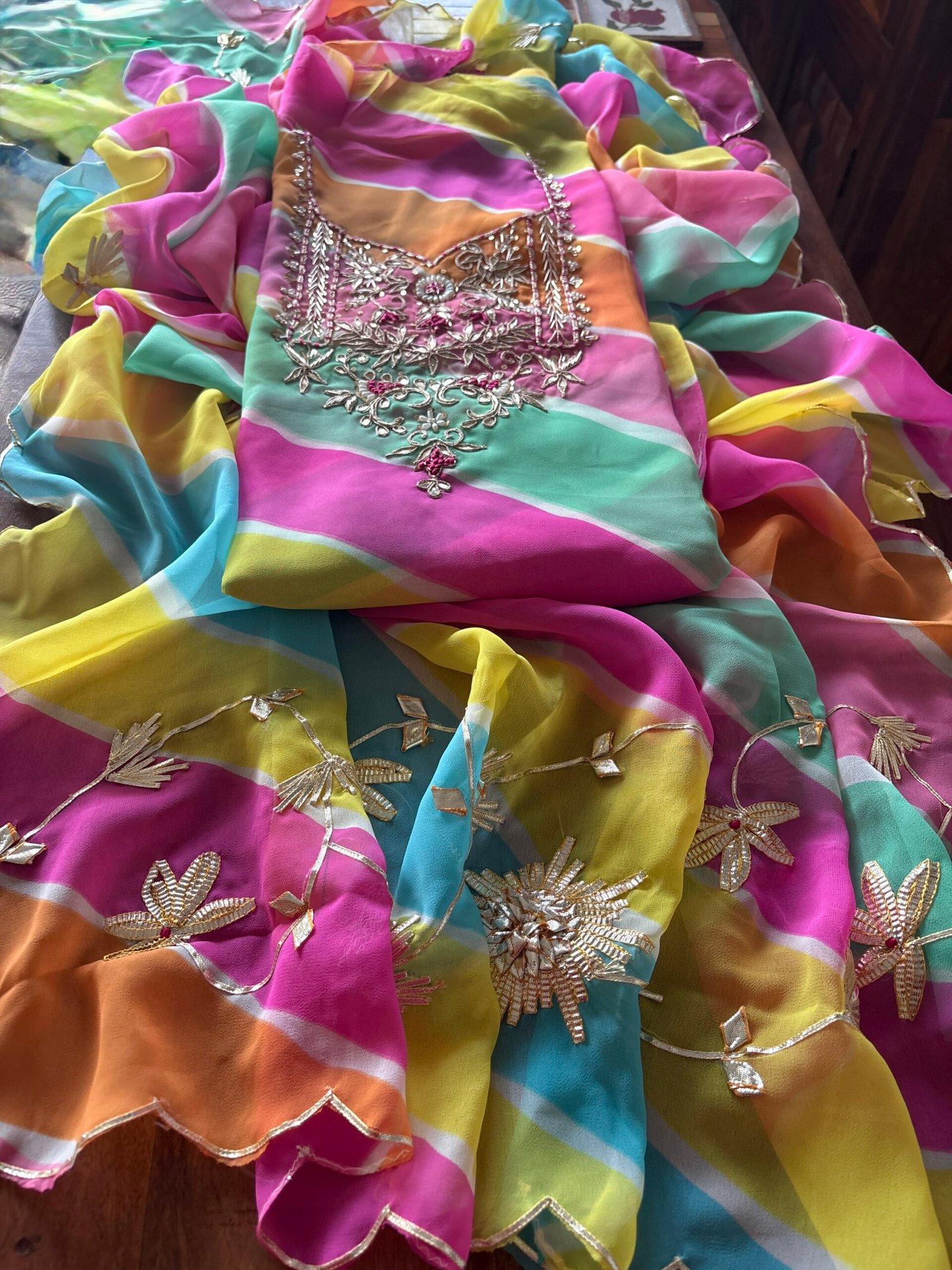 Leheriya Gorgette with Hand Embroidered Unstitched Salwar Suit (Multi Coloured)