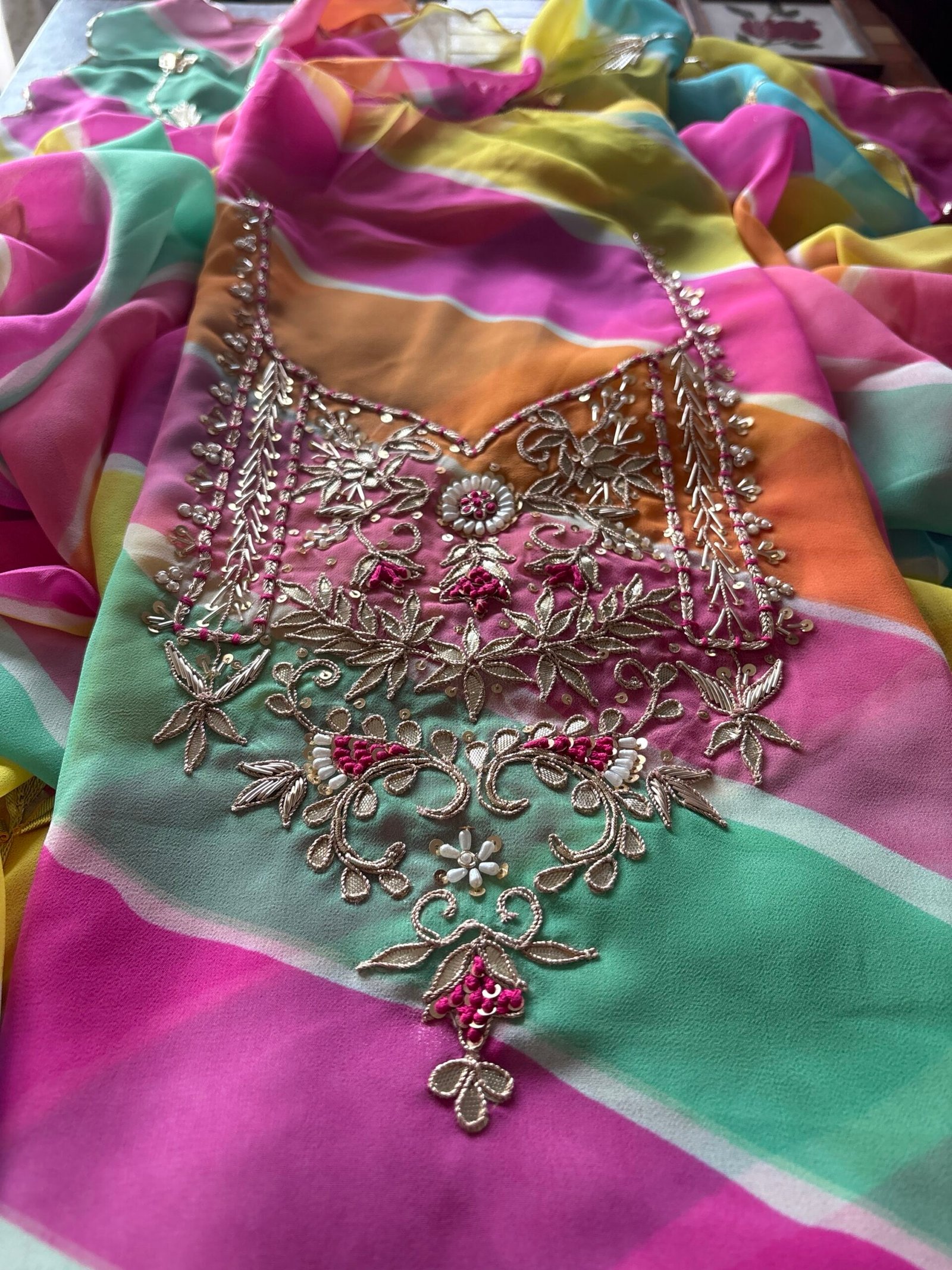 Leheriya Gorgette with Hand Embroidered Unstitched Salwar Suit (Multi Coloured) - Image 2