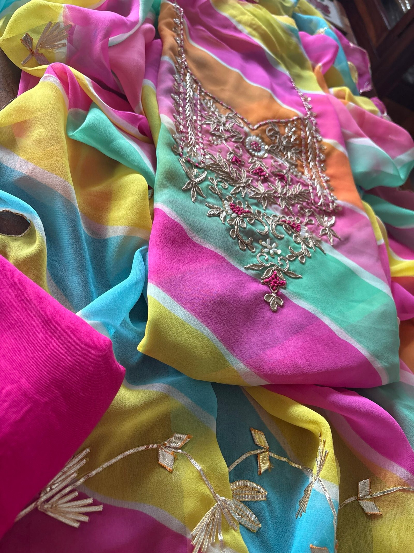 Leheriya Gorgette with Hand Embroidered Unstitched Salwar Suit (Multi Coloured) - Image 4
