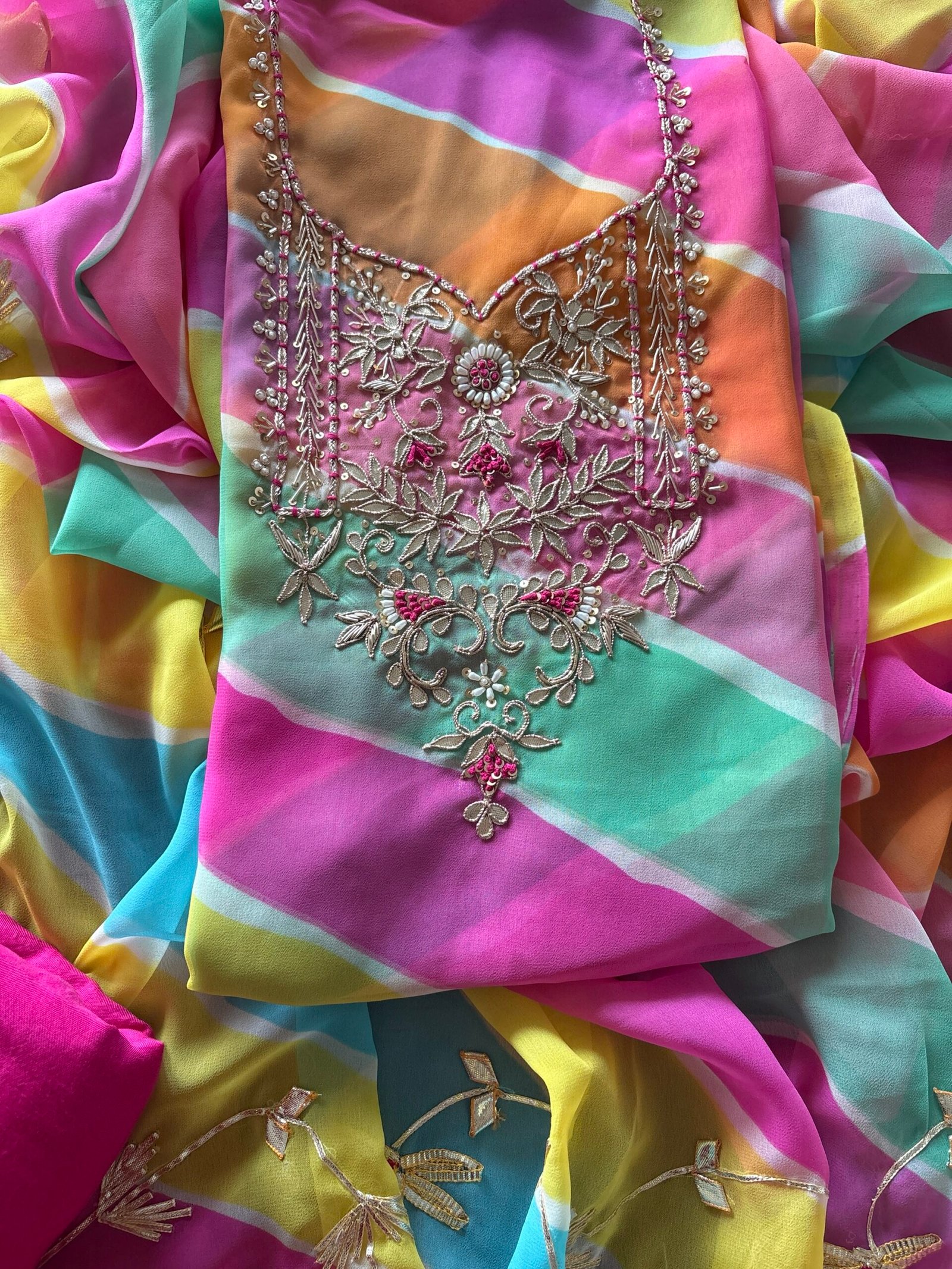 Leheriya Gorgette with Hand Embroidered Unstitched Salwar Suit (Multi Coloured) - Image 8