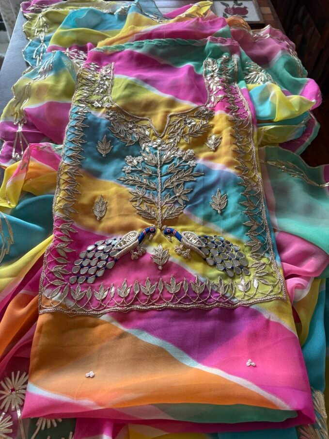 Leheriya Gorgette with Hand Embroidered Unstitched Salwar Suit (Multi Coloured)