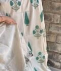 Handblocked Chanderi Cotton Salwar Unstitched Salwar Suit with Parsi Gara Embroidered Maheshwari Woven Dupatta by Ikhtirah (Green)