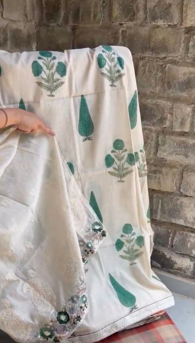 Handblocked Chanderi Cotton Salwar Unstitched Salwar Suit with Parsi Gara Embroidered Maheshwari Woven Dupatta by Ikhtirah (Green)