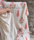Handblocked Chanderi Cotton Salwar Unstitched Salwar Suit with Parsi Gara Embroidered Maheshwari Woven Dupatta by Ikhtirah (Orange)