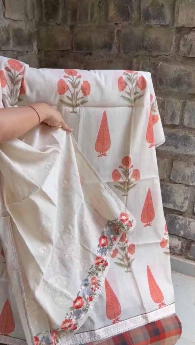 Handblocked Chanderi Cotton Salwar Unstitched Salwar Suit with Parsi Gara Embroidered Maheshwari Woven Dupatta by Ikhtirah (Orange)