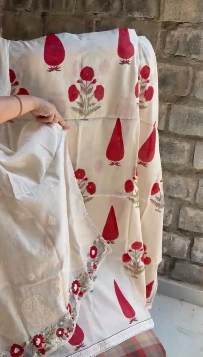 Handblocked Chanderi Cotton Salwar Unstitched Salwar Suit with Parsi Gara Embroidered Maheshwari Woven Dupatta by Ikhtirah (Red)