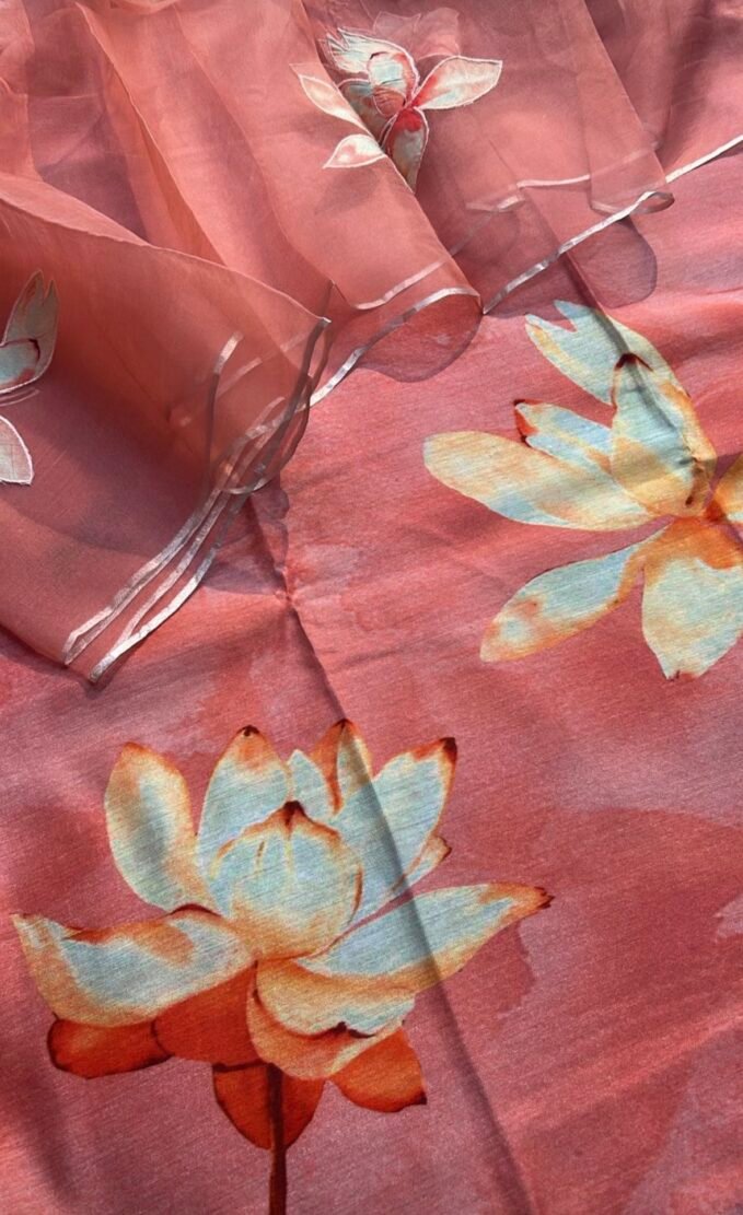 Floral Applique Worked Kora Dupatta and Unstitched Premium Chanderi Salwar Suit by Ikhtirah (Pink)