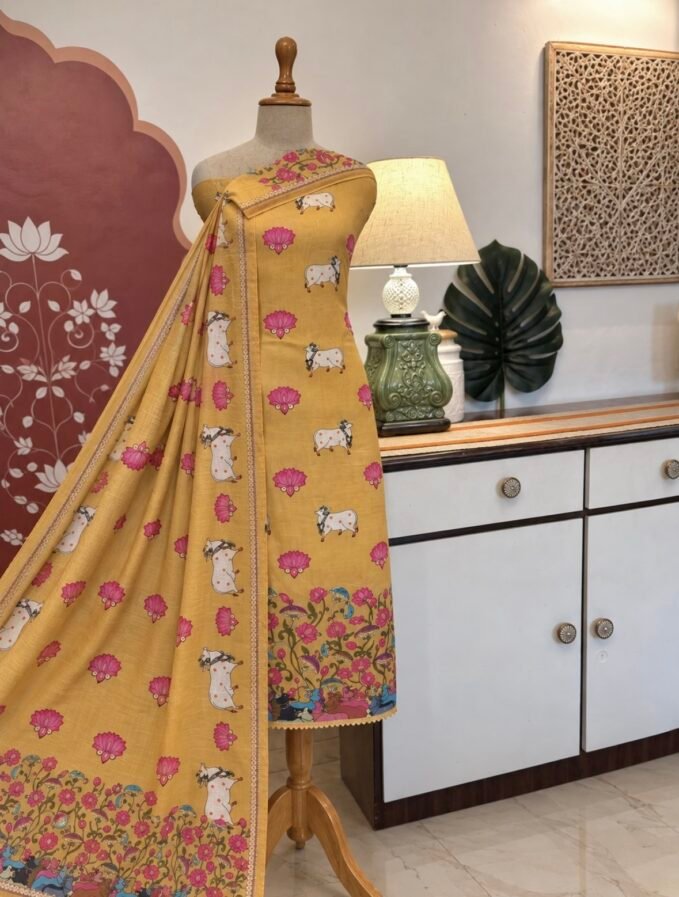 Hand Highlighted Pichwai Mul Cotton Unstitched Salwar Suit by Ikhtirah (Pastel Mustard)