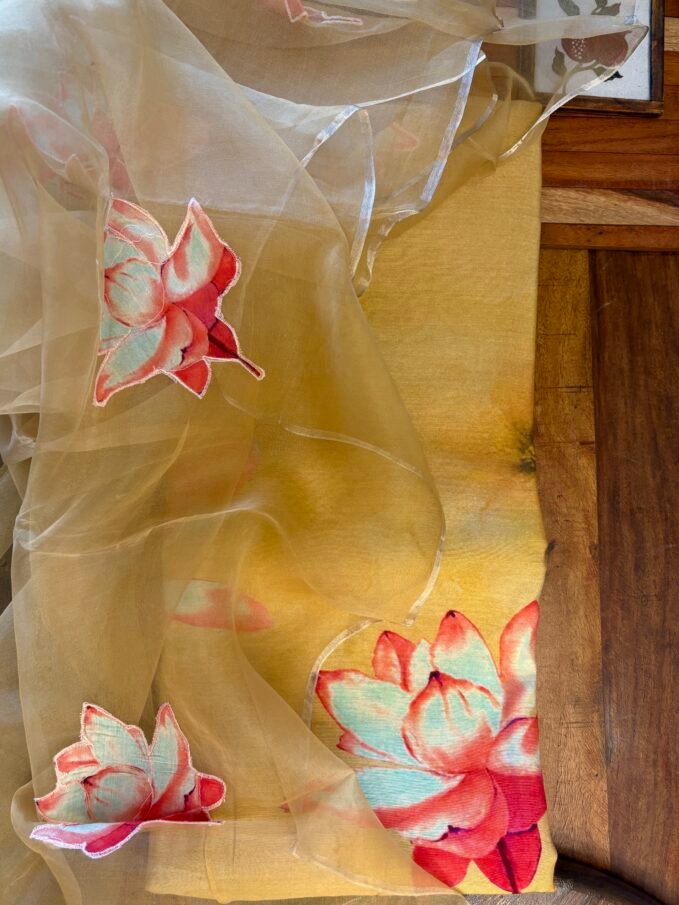 Floral Applique Worked Kora Dupatta and Unstitched Premium Chanderi Salwar Suit by Ikhtirah (Yellow)