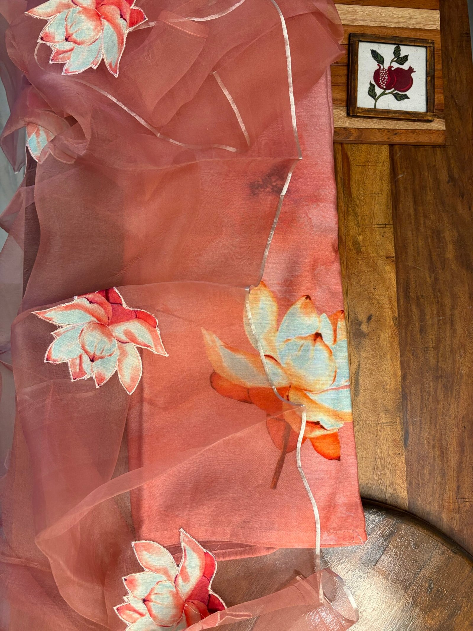 Floral Applique Worked Kora Dupatta and Unstitched Premium Chanderi Salwar Suit by Ikhtirah (Pink) - Image 2