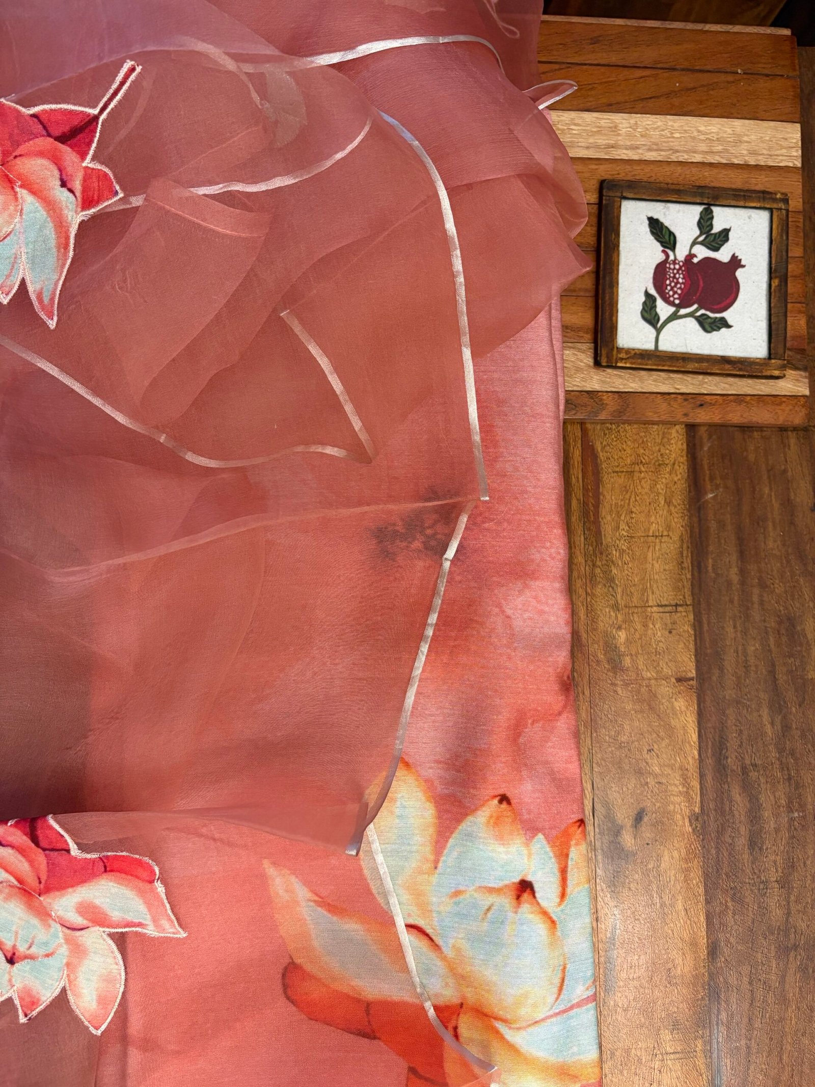 Floral Applique Worked Kora Dupatta and Unstitched Premium Chanderi Salwar Suit by Ikhtirah (Pink) - Image 5