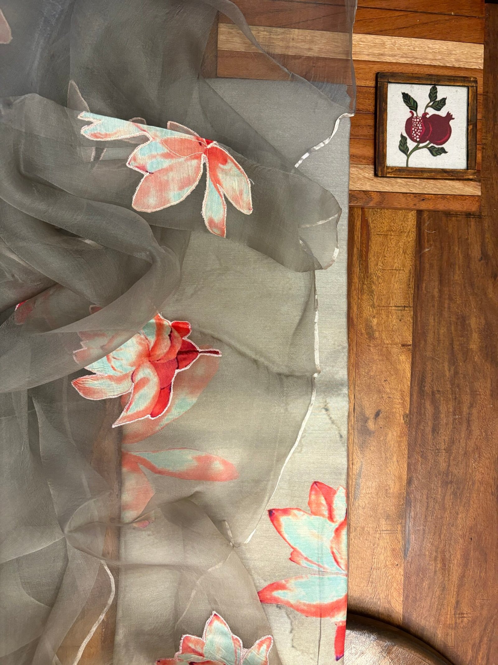 Floral Applique Worked Kora Dupatta and Unstitched Premium Chanderi Salwar Suit by Ikhtirah (Grey) - Image 5