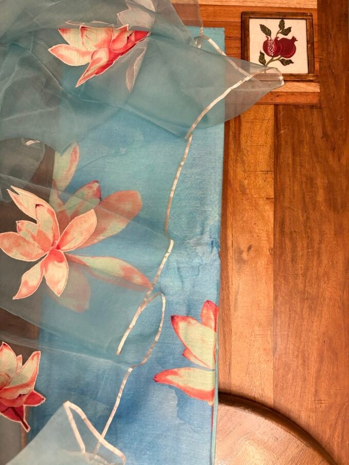 Floral Applique Worked Kora Dupatta and Unstitched Premium Chanderi Salwar Suit by Ikhtirah (Blue)