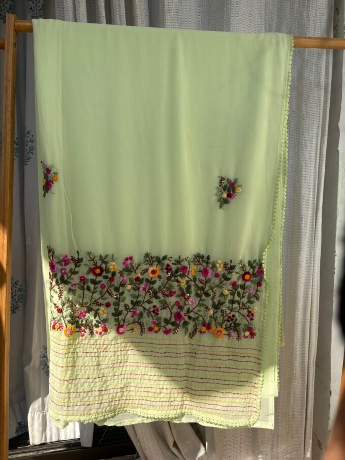 Floral Hand Embroidered Gorgette Saree with Blouse (Green)