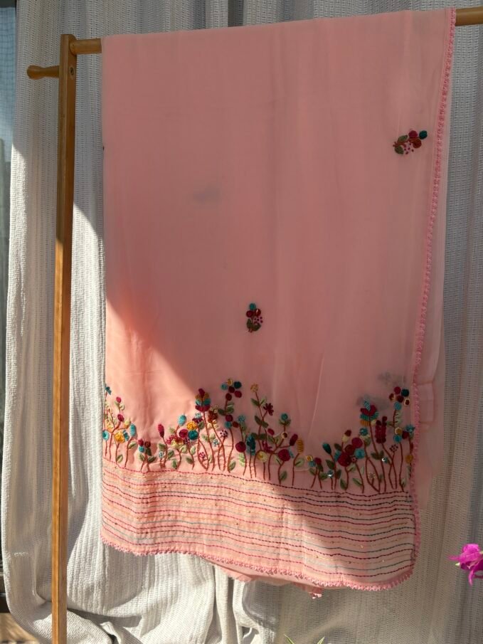 Floral Hand Embroidered Gorgette Saree with Blouse (Peach)