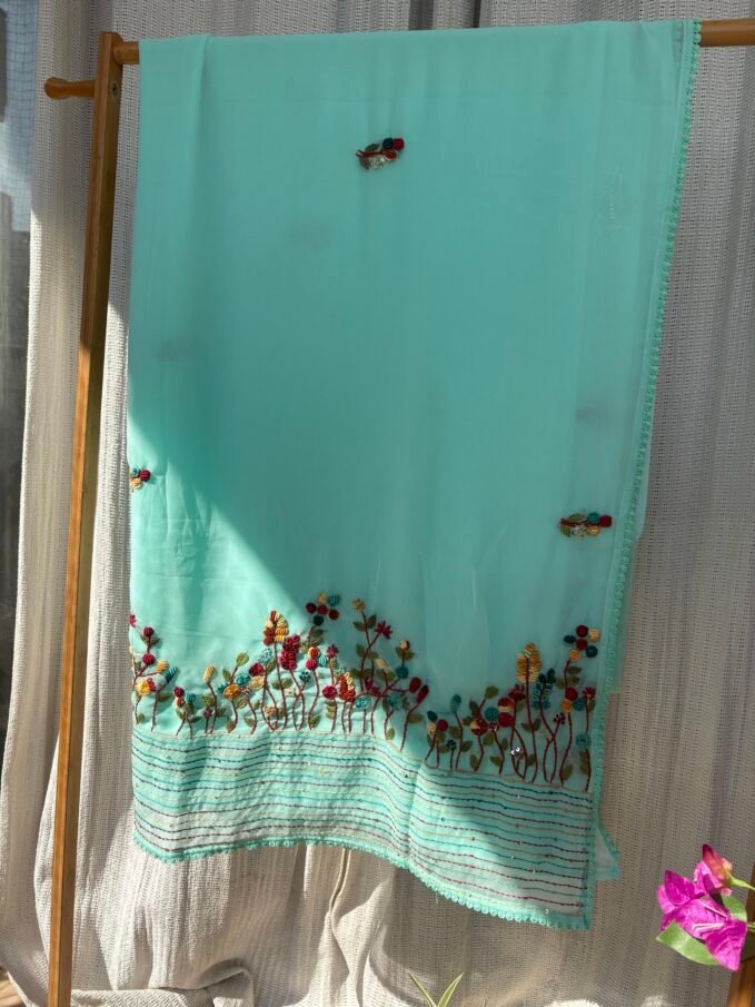 Floral Hand Embroidered Gorgette Saree with Blouse (Blue)