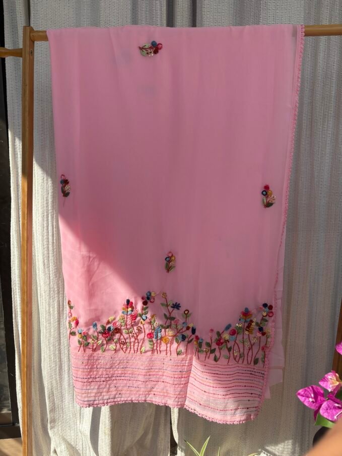Floral Hand Embroidered Gorgette Saree with Blouse (Pink)