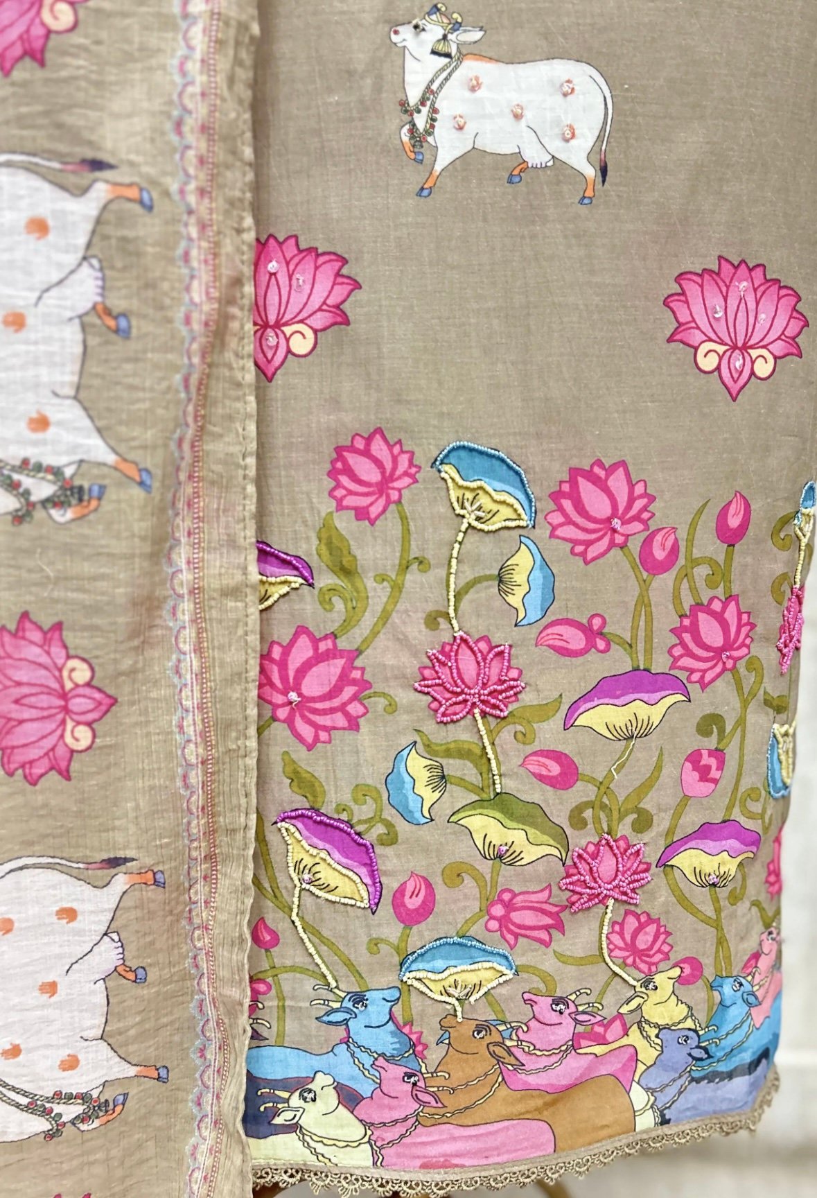Hand Highlighted Pichwai Mul Cotton Unstitched Salwar Suit by Ikhtirah (Pastel Brown) - Image 2