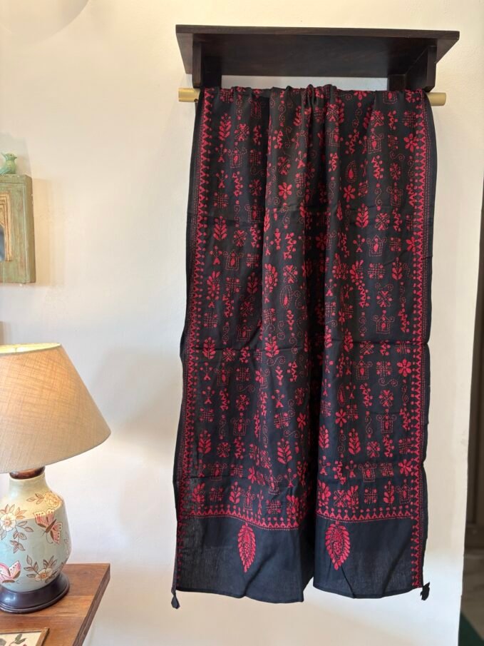 Hand Kantha Embroidered Pure Cotton Dupatta with Tassels