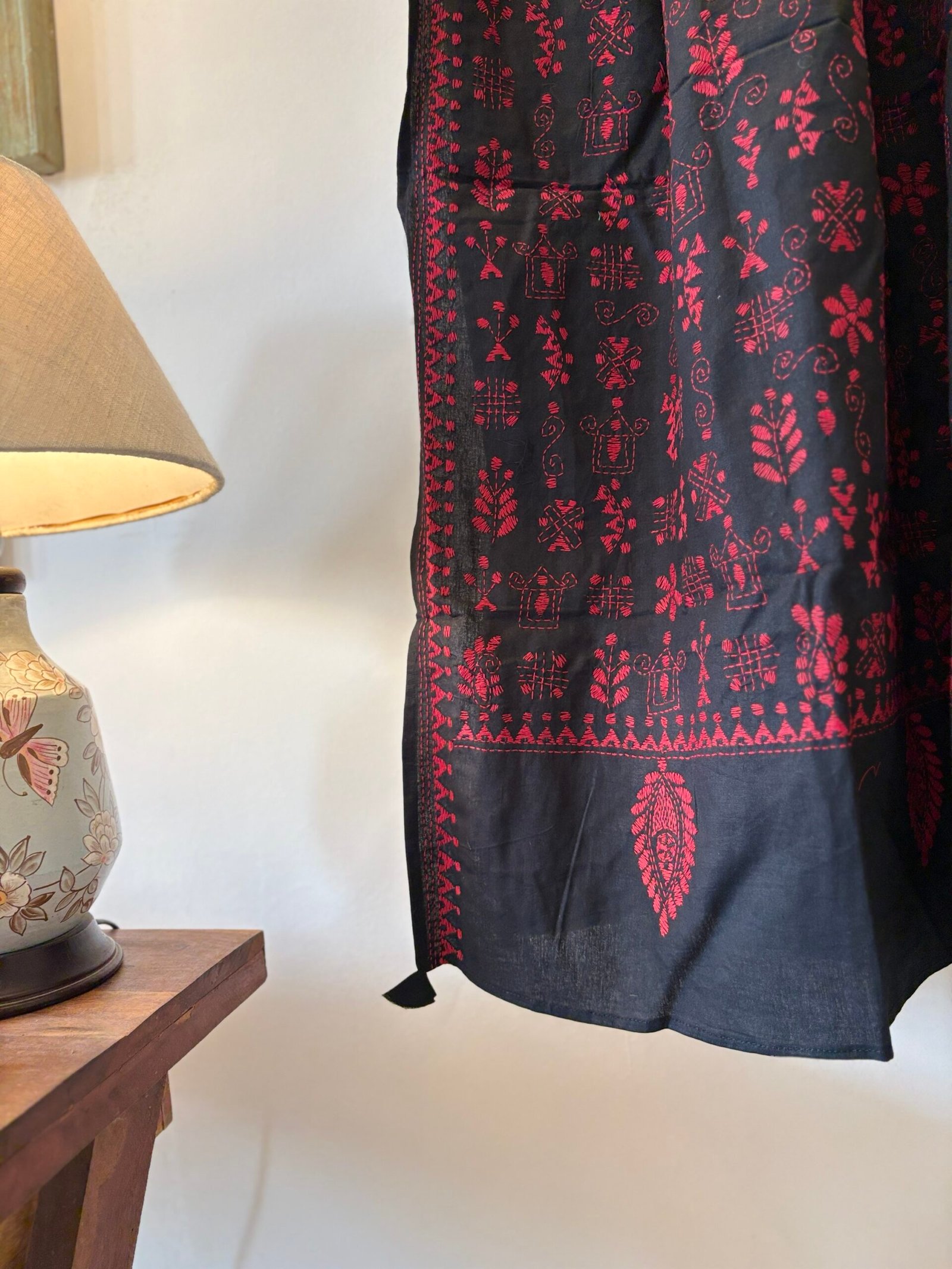 Hand Kantha Embroidered Pure Cotton Dupatta with Tassels - Image 2