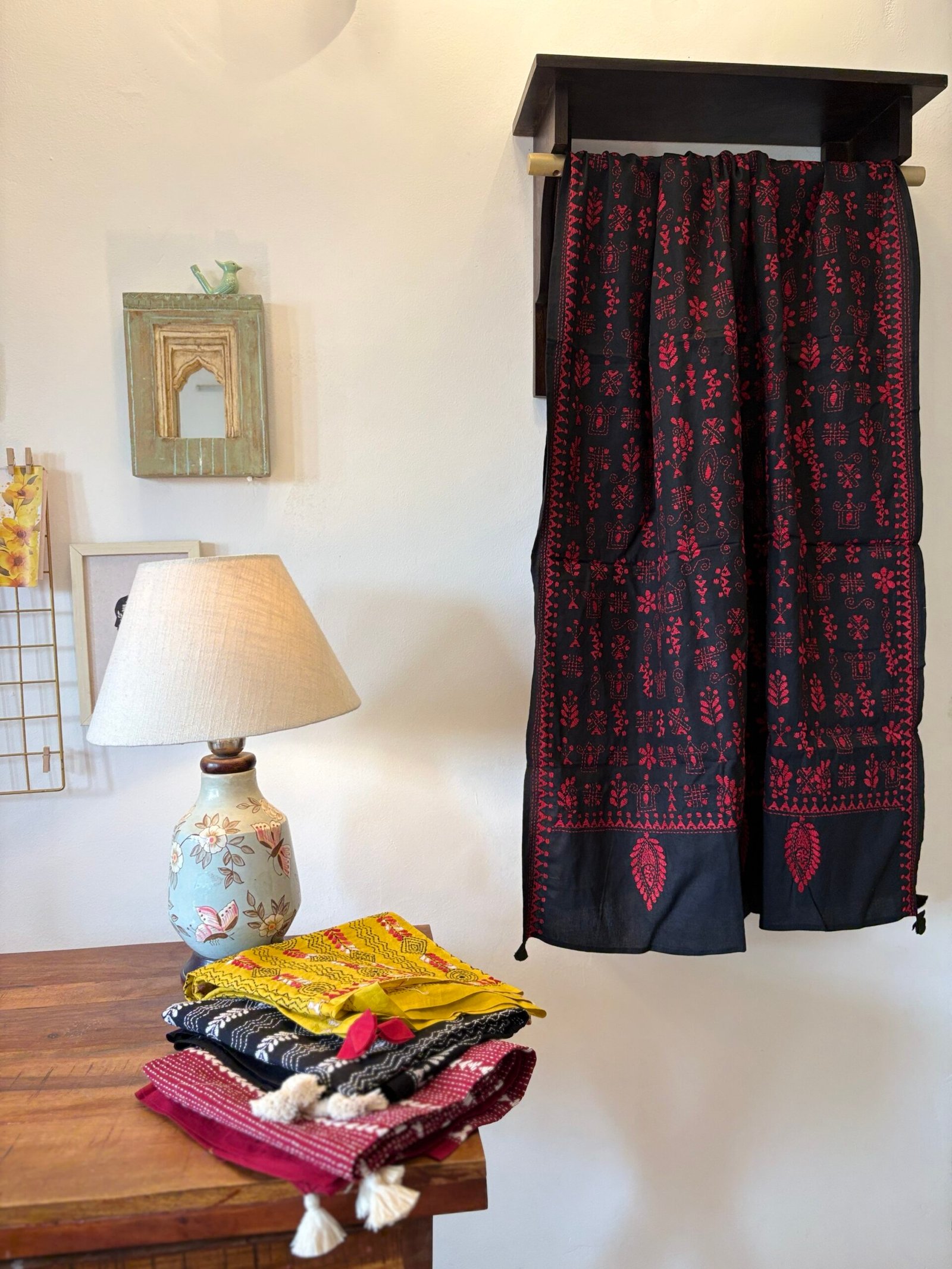 Hand Kantha Embroidered Pure Cotton Dupatta with Tassels - Image 3