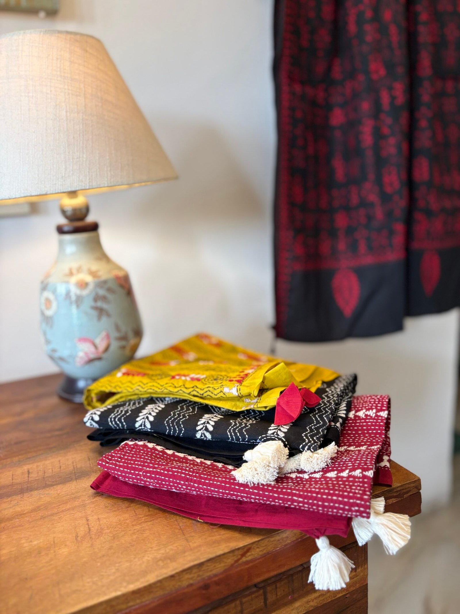 Hand Kantha Embroidered Pure Cotton Dupatta with Tassels - Image 7