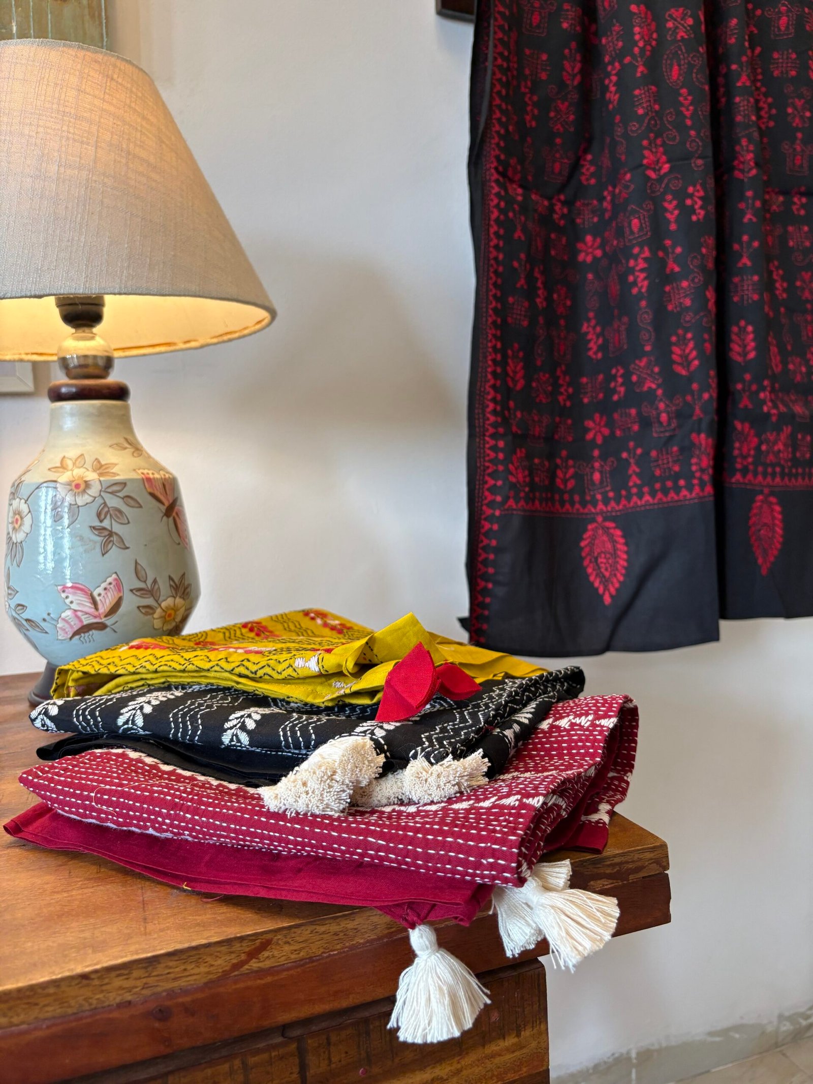 Hand Kantha Embroidered Pure Cotton Dupatta with Tassels - Image 6