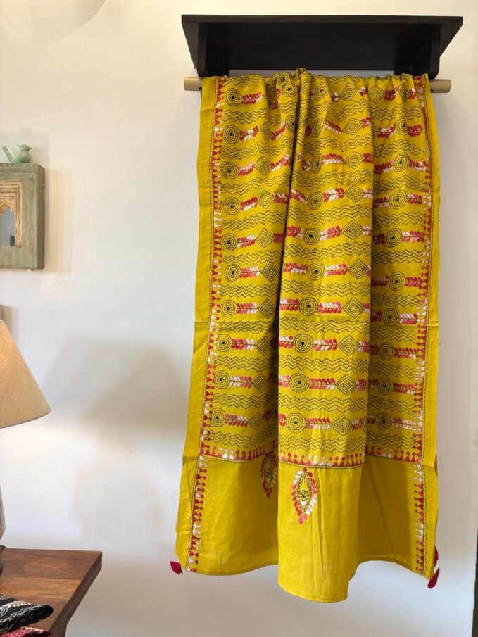 Hand Kantha Embroidered Pure Cotton Dupatta with Tassels
