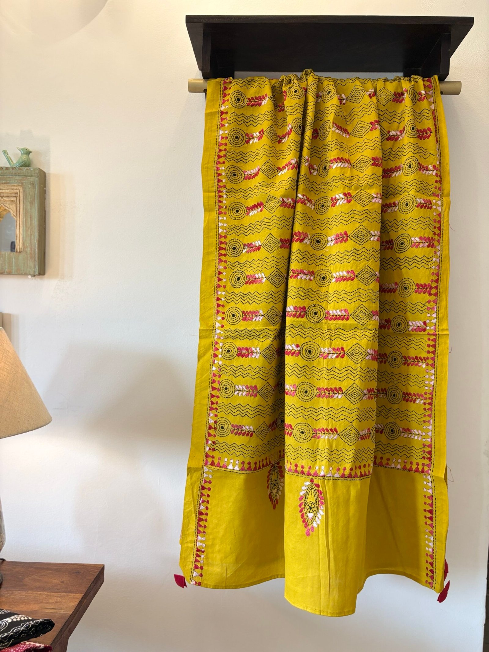Hand Kantha Embroidered Pure Cotton Dupatta with Tassels