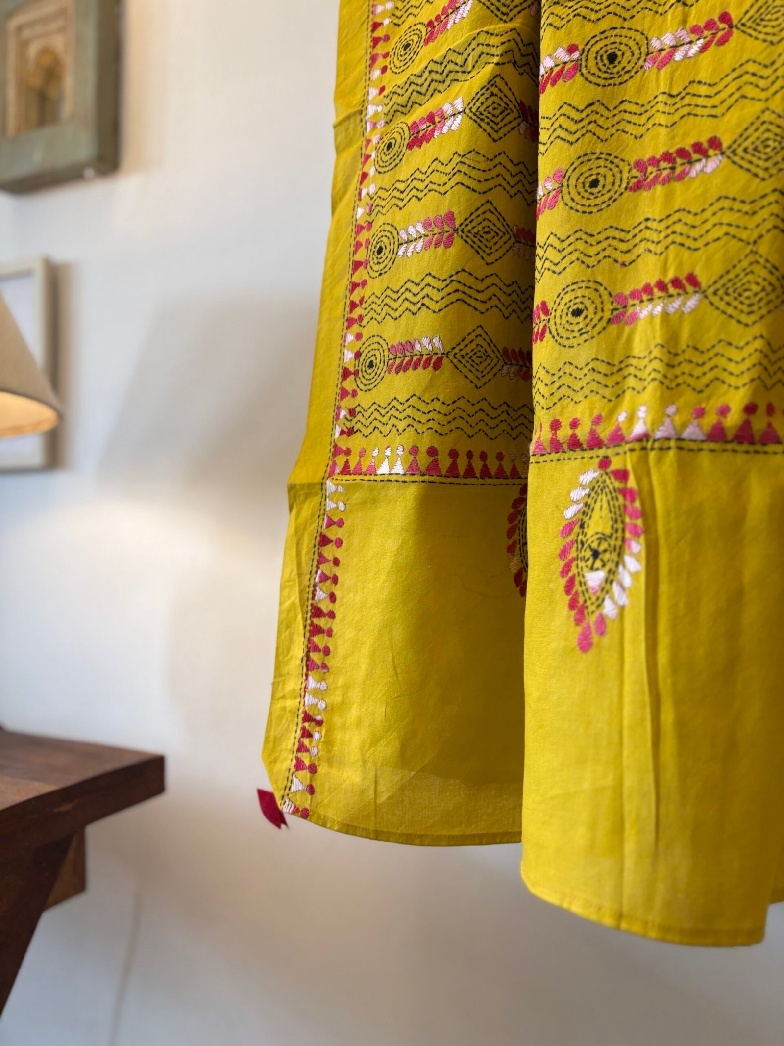 Hand Kantha Embroidered Pure Cotton Dupatta with Tassels - Image 2